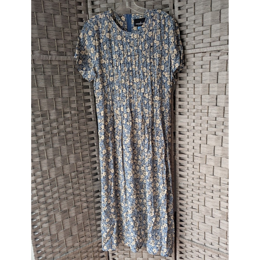 Vtg 90s Midi Tea Dress Blue Floral Pleated Short Sleeve Rayon 14P Cottagecore